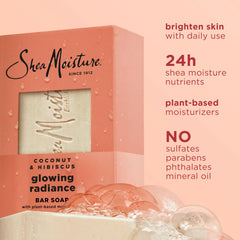 SheaMoisture Bar Soap Coconut and Hibiscus 4 Count Glowing Radiance Glowing Radiance bar soap with 24h shea moisture nutrients for Healthy, Glowing Skin 8 oz