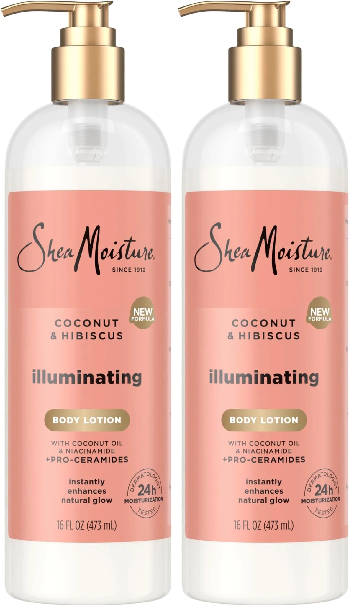 SheaMoisture Illuminating Body Lotion with Coconut Oil, Hibiscus, Niacinamide and Pro-Ceramides, Instantly Enhancing Skin's Natural Glow, 24H Moisturizing 16 oz, (Pack of 2)