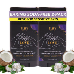 PLAY PITS - 2 Pack - Natural Deodorant - Safe for Men & Women w/Sensitive Skin - Clean, Non-Toxic, & Paraben Free – LOVE Scent - Infused w/Essential Oils – 2.65 Oz.