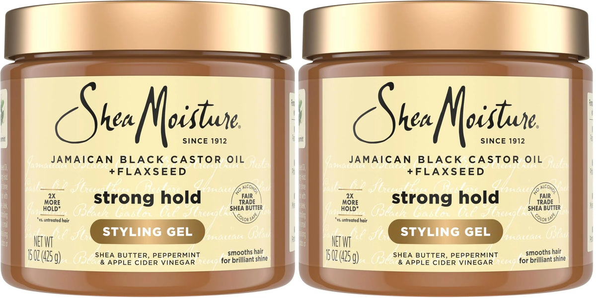 SheaMoisture Strong Hold Styling Gel+Flaxseed Jamaican Black Castor Oil Gives Controlled Style,Infused With Castor Seed Oil,SheaButter & Indulgent Scent ParabenFree AntiFrizz Hair Gel 15oz (Pack of 2)