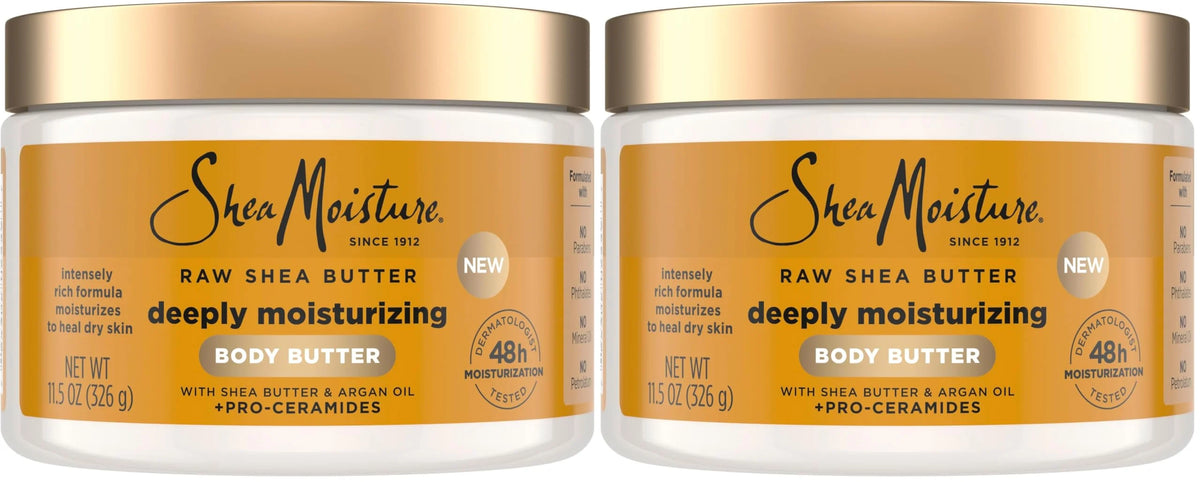 SheaMoisture Deeply Moisturizing Body Butter with Raw Shea Butter, Argan Oil and Pro-Ceramides, Rich Hydration & Healing of Dry Skin, 48H Moisturizing 11.5 oz, (Pack of 2)